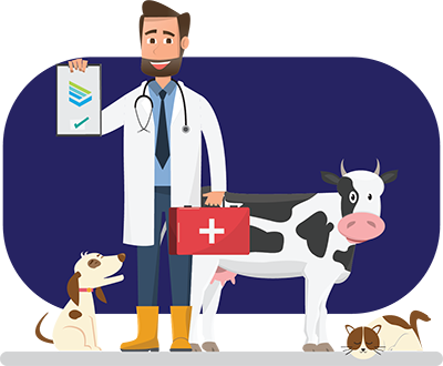 Cartoon Vet with Cow, Dog and Cat